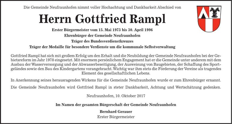 Traueranzeige Gottfried Rampl