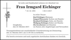 Traueranzeige Irmgard Eichinger