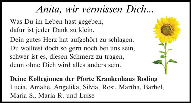 Traueranzeige Anita Lugauer