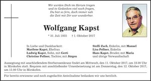 Traueranzeige Wolfgang Kapst