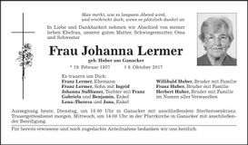 Traueranzeige Johanna Lermer