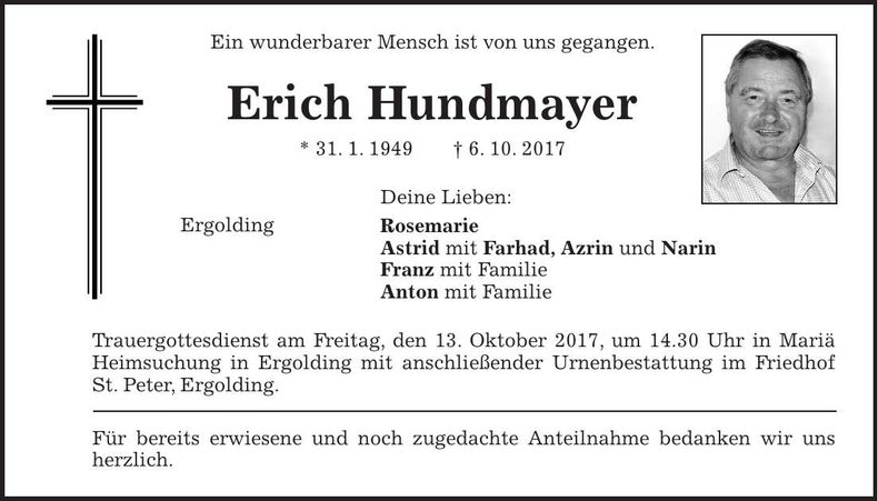 Traueranzeige Erich Hundmayer
