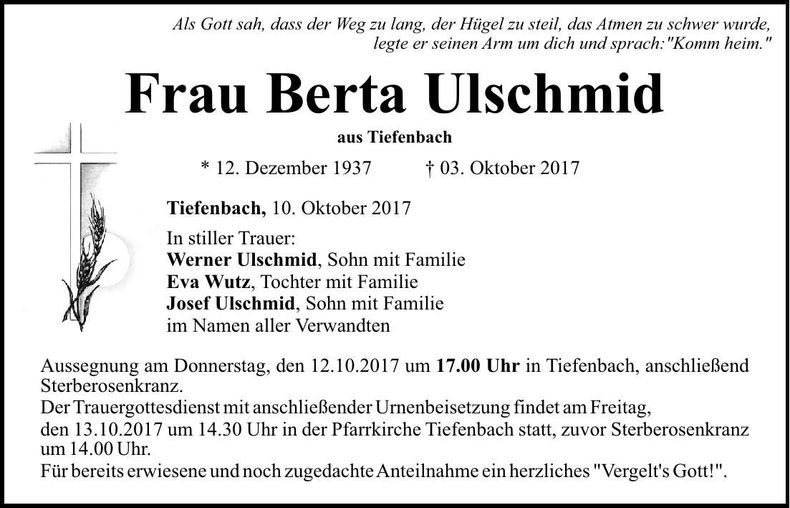 Traueranzeige Berta Ulschmid
