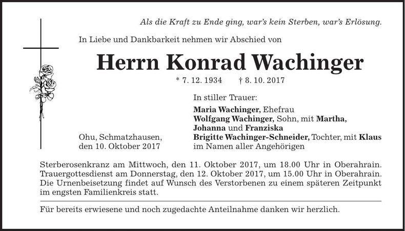 Traueranzeige Konrad Wachinger