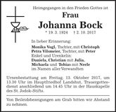 Traueranzeige Johanna Bock
