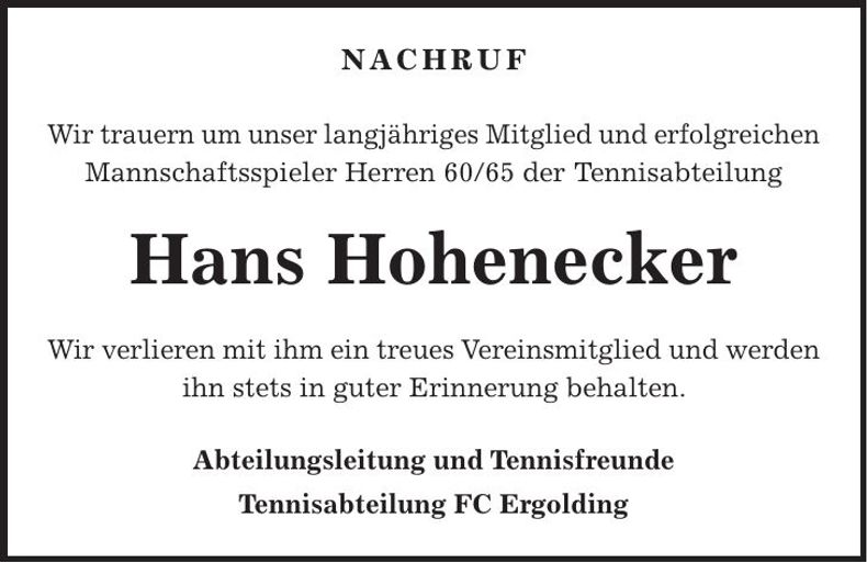 Traueranzeige Hans Hohenecker