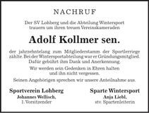 Traueranzeige Adolf Kollmer sen.