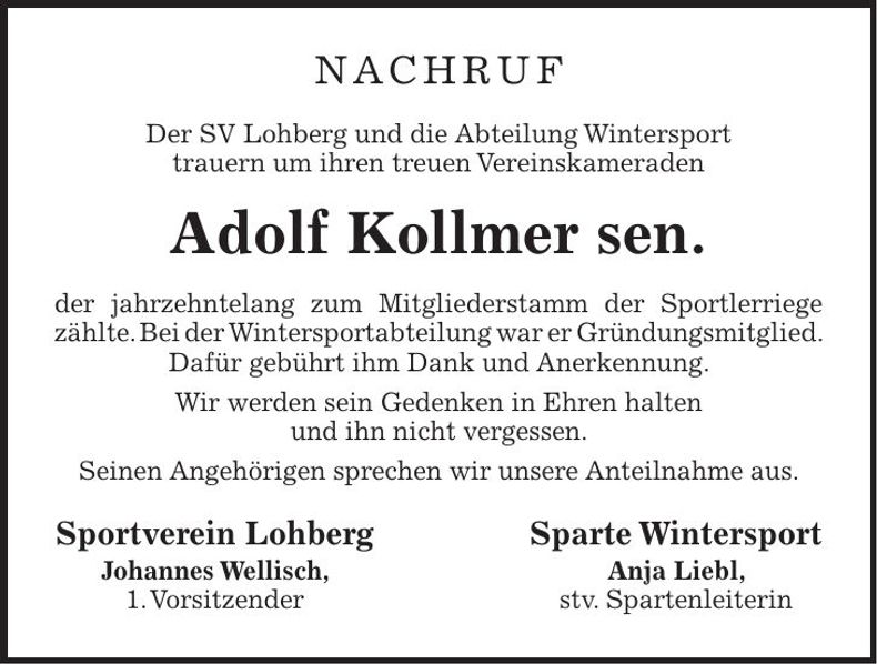 Traueranzeige Adolf Kollmer sen.