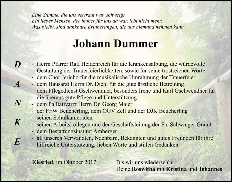 Traueranzeige Johann Dummer