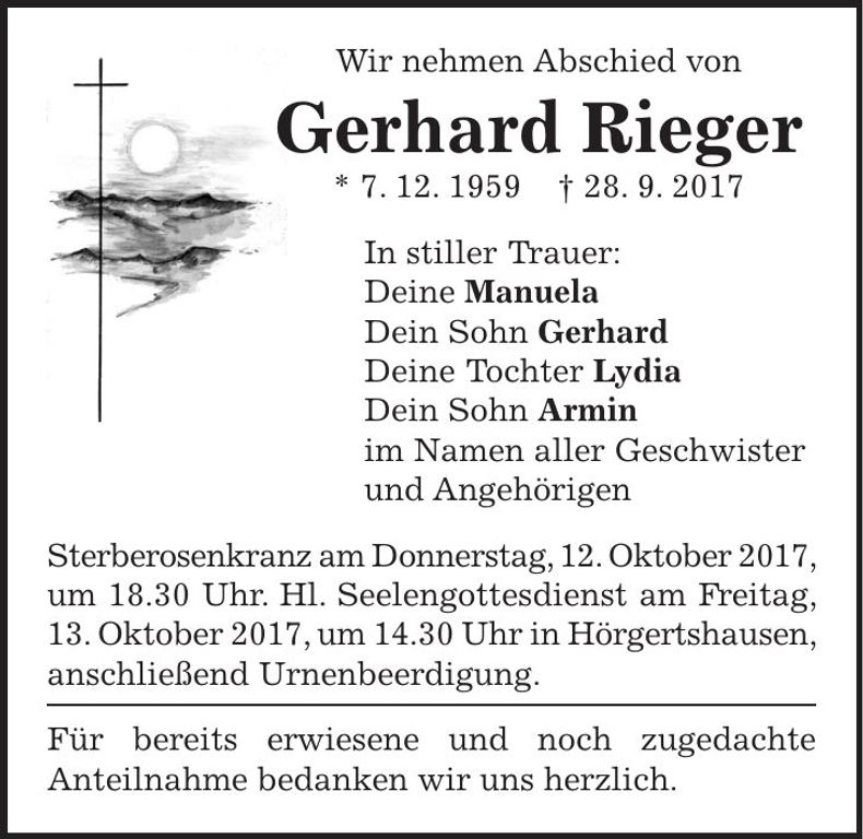 Traueranzeige Gerhard Rieger
