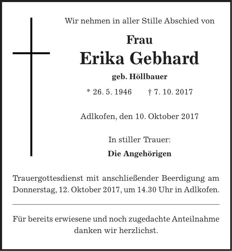Traueranzeige Erika Gebhard