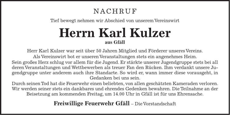 Traueranzeige Karl Kulzer