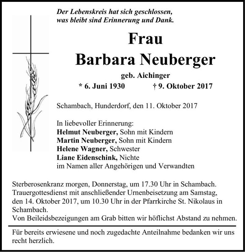 Traueranzeige Barbara Neuberger