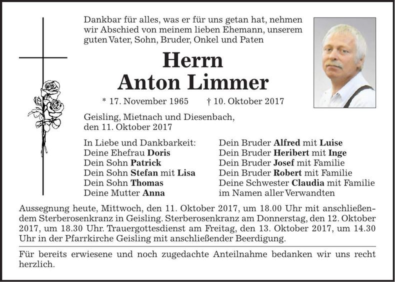 Traueranzeige Anton Limmer