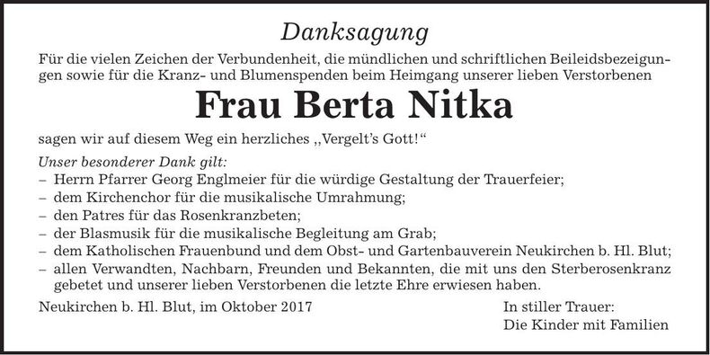 Traueranzeige Berta Nitka