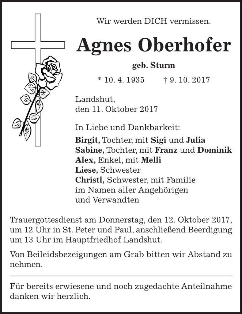 Traueranzeige Agnes Oberhofer