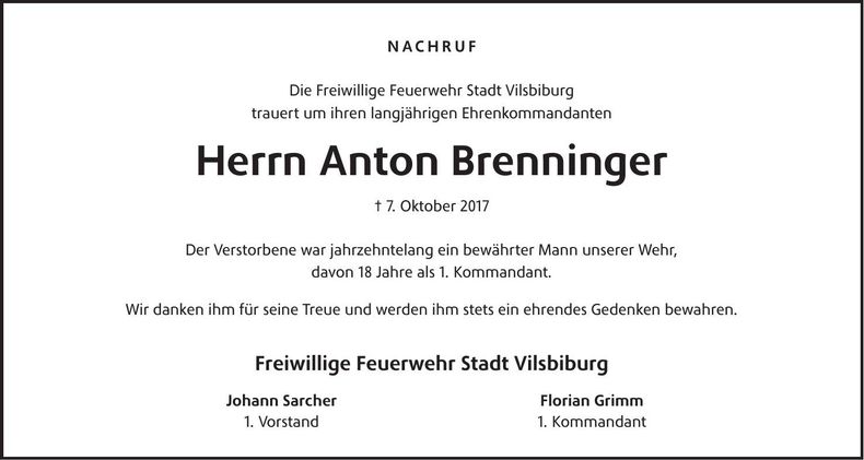 Traueranzeige Anton Brenninger