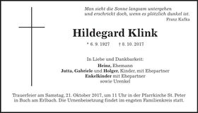 Traueranzeige Hildegard Klink