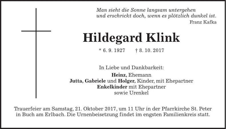 Traueranzeige Hildegard Klink
