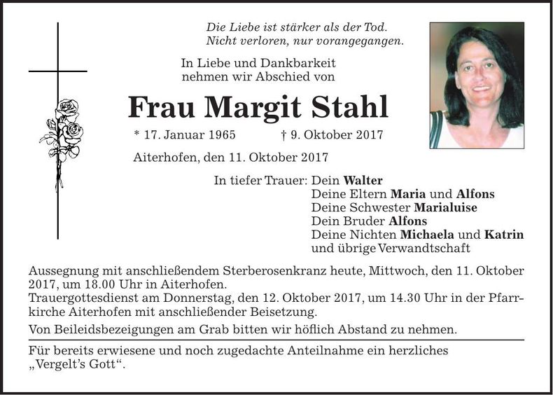 Traueranzeige Margit Stahl