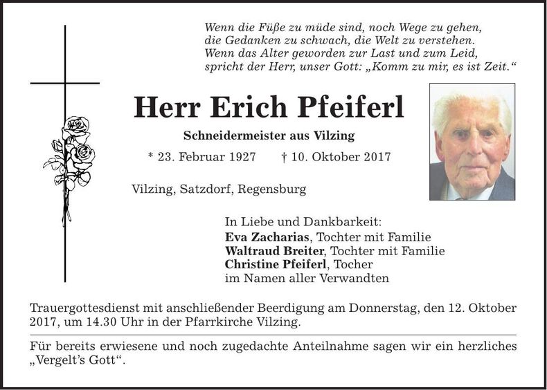 Traueranzeige Erich Pfeiferl