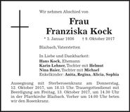 Traueranzeige Franziska Kock
