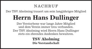 Traueranzeige Hans Dullinger