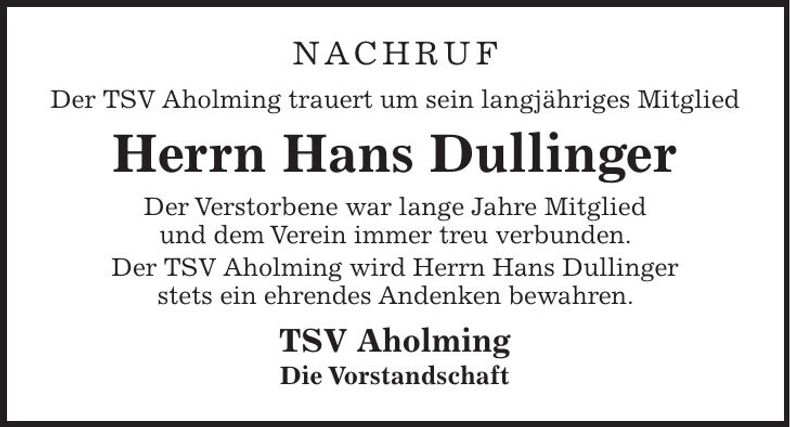 Traueranzeige Hans Dullinger