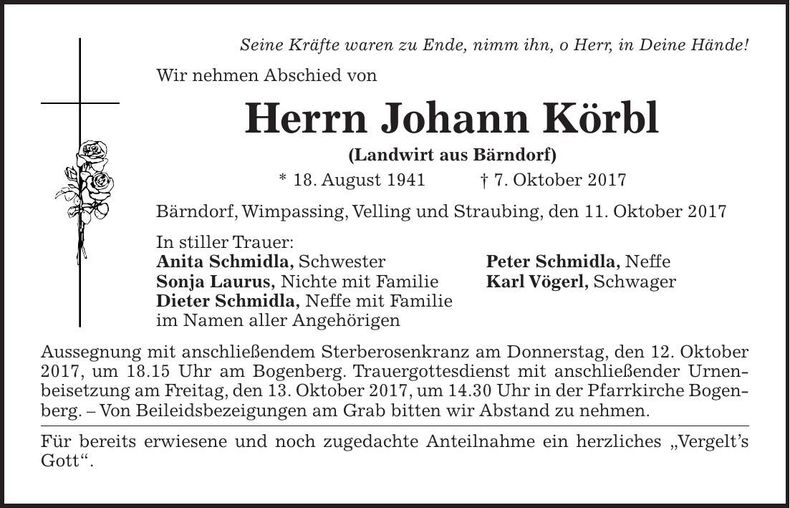 Traueranzeige Johann Körbl