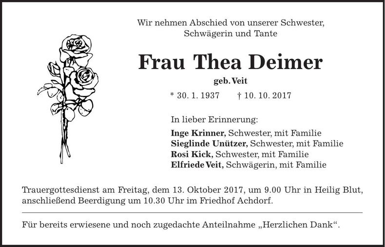Traueranzeige Thea Deimer