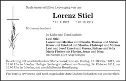 Traueranzeige Lorenz Stiel