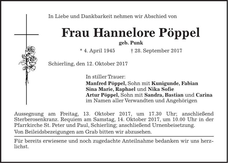 Traueranzeige Hannelore Pöppel