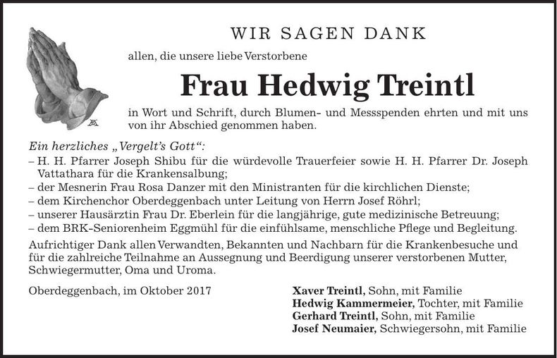 Traueranzeige Hedwig Treintl