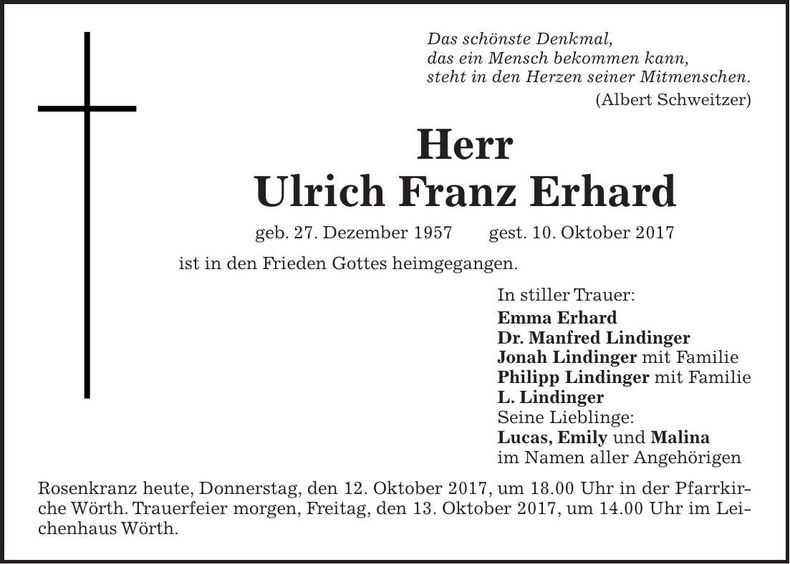 Traueranzeige Ulrich Franz Erhard