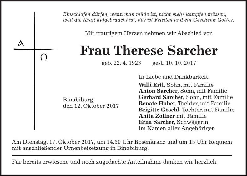 Traueranzeige Therese Sarcher