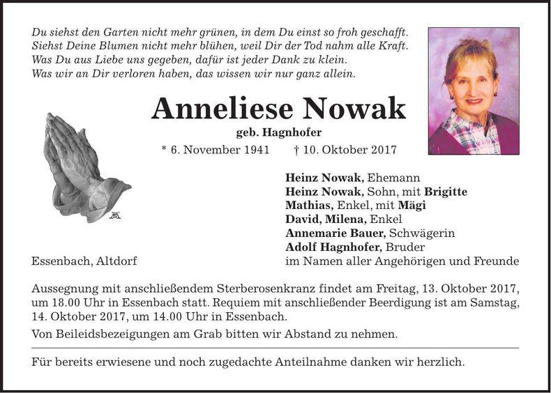 Traueranzeige Anneliese Nowak