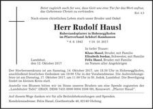 Traueranzeige Rudolf Hausl