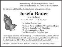 Traueranzeige Josefa Bauer
