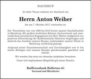 Traueranzeige Anton Weiher