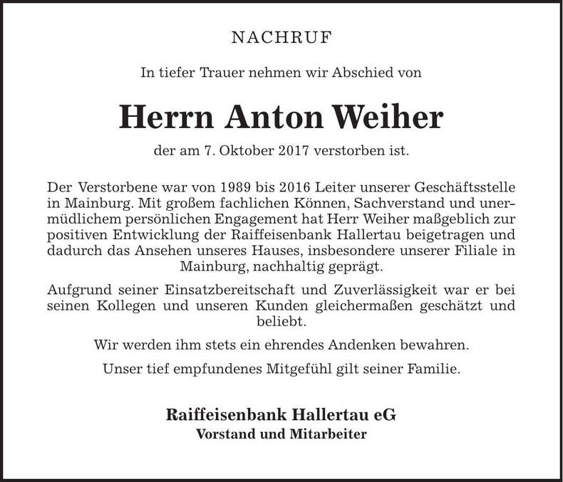 Traueranzeige Anton Weiher