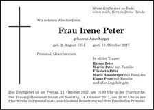 Traueranzeige Irene Peter