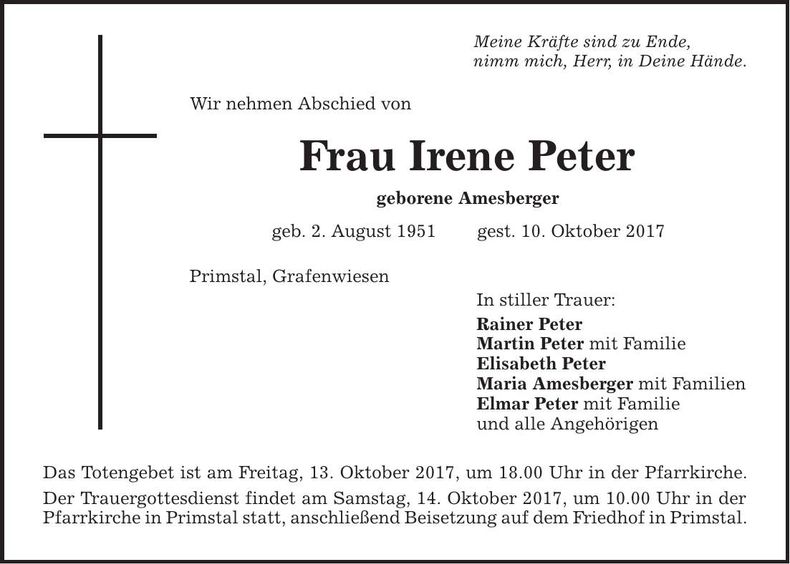 Traueranzeige Irene Peter