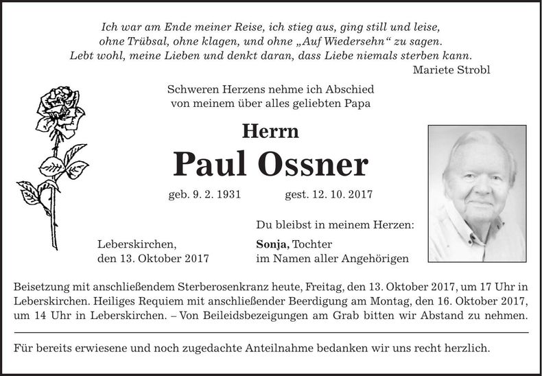 Traueranzeige Paul Ossner