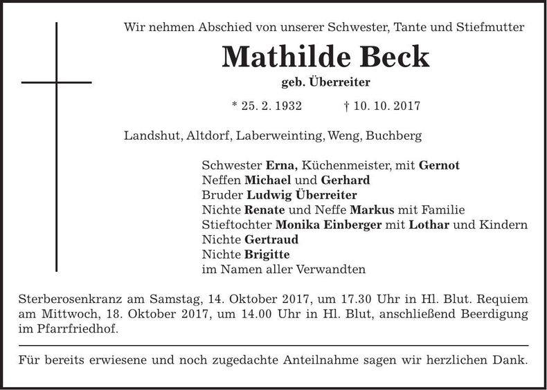 Traueranzeige Mathilde Beck