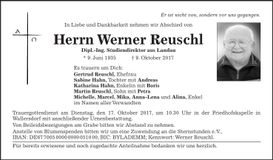 Traueranzeige Werner Reuschl