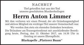Traueranzeige Anton Limmer