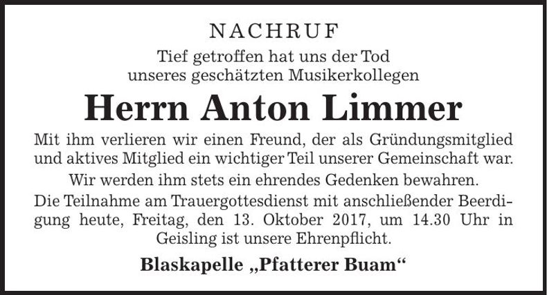Traueranzeige Anton Limmer