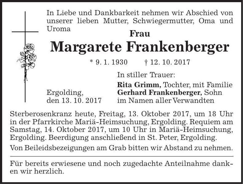 Traueranzeige Margarete Frankenberger