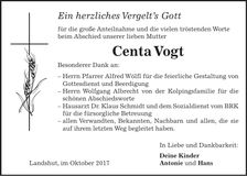 Traueranzeige Centa Vogt