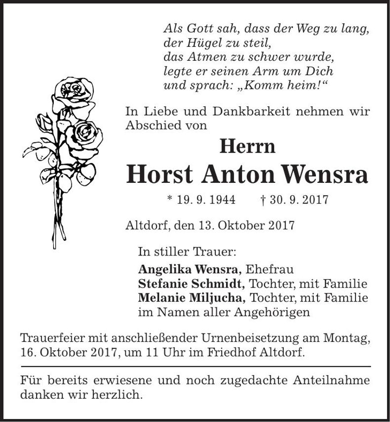 Traueranzeige Horst Anton Wensra